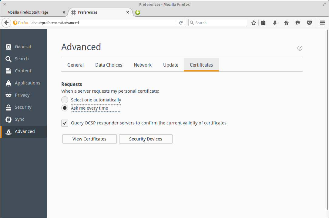Firefox click on advanced settings and go to certificates view
