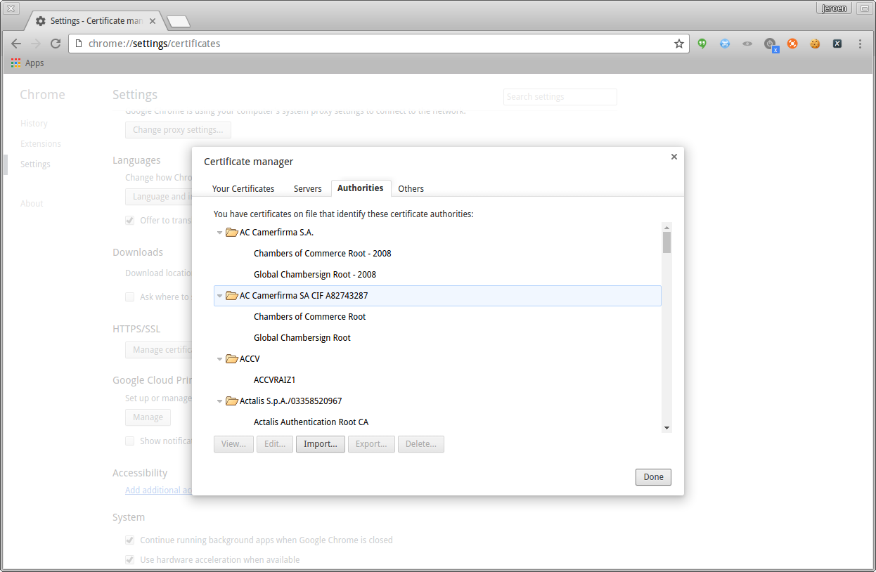 Chrome click on authorities and press import button